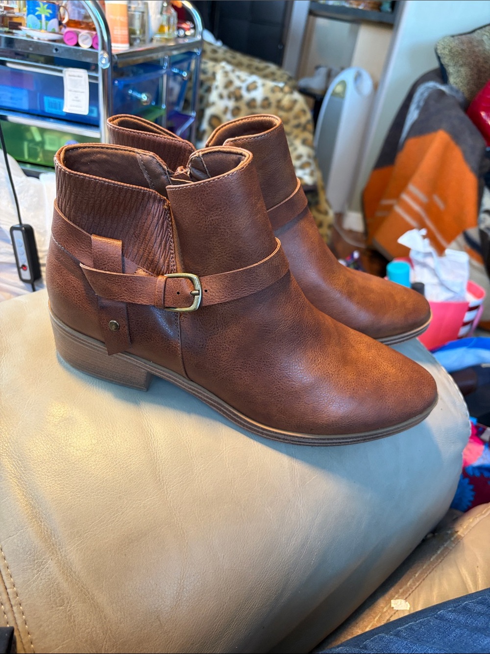 Denver Hayes Cognac Brown Ankle Booties with Side Buckle Size 10.  Exc. Cond.